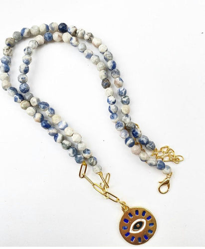 Sun Burst Evil Eye Medallion Necklace in Blue Sea