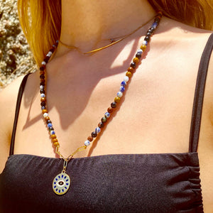 Sun Burst Evil Eye Medallion Necklace in Brown